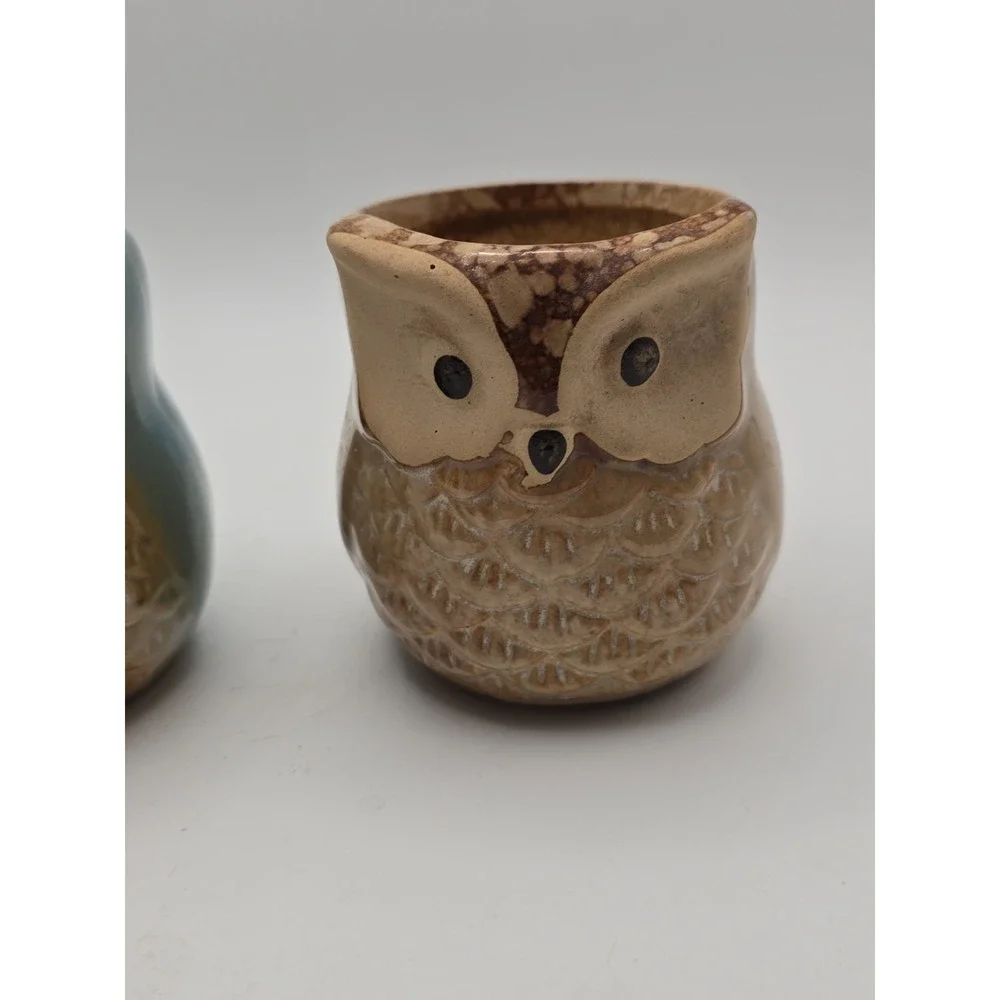 Woodland Mini Owl Planters or Match Stick Holders Tan Beige Brown  Set of 2